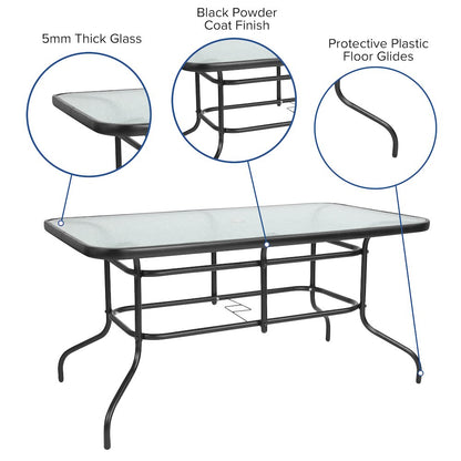 5 Piece Set - 55" Tempered Glass Patio Table - 4 Black Metal Chairs