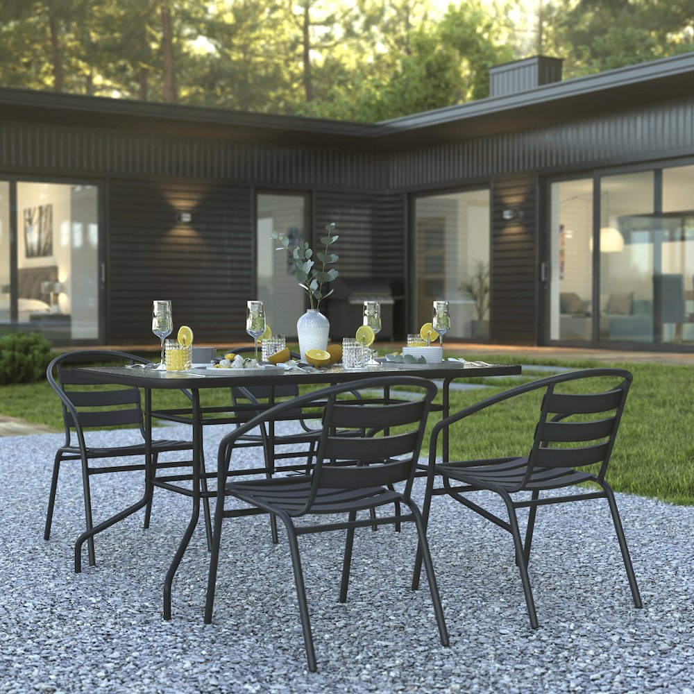 5 Piece Set - 55" Tempered Glass Patio Table - 4 Black Metal Chairs