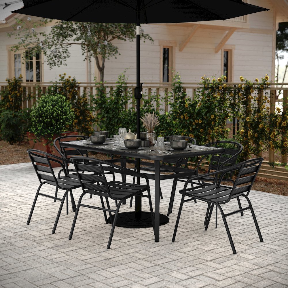 Commercial Grade Outdoor Patio Dining Set With Table and Six Chairs, Black