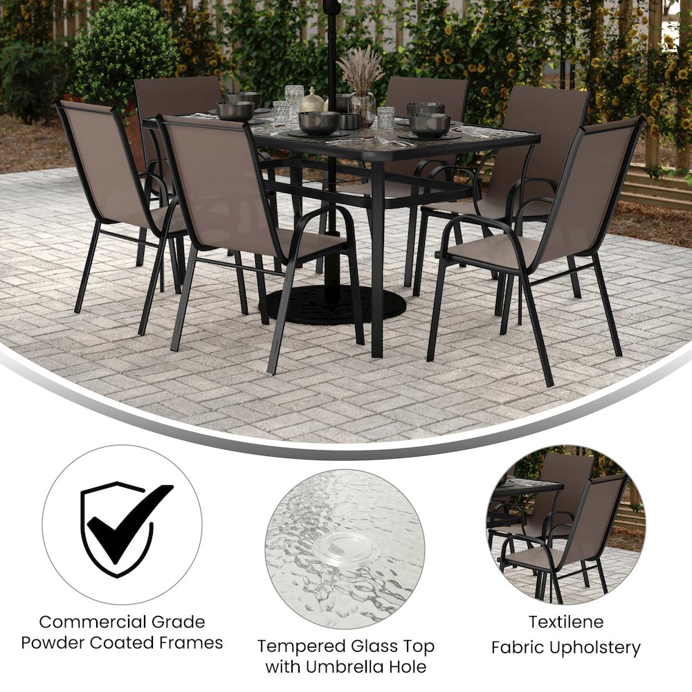 7 Piece Patio Dining Set with Patio Table and 6 Chairs, Brown