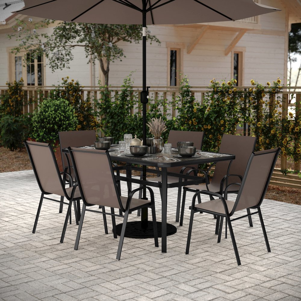 7 Piece Patio Dining Set with Patio Table and 6 Chairs, Brown