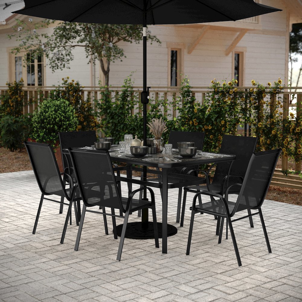 7 Piece Patio Dining Set with Patio Table and 6 Chairs, Black
