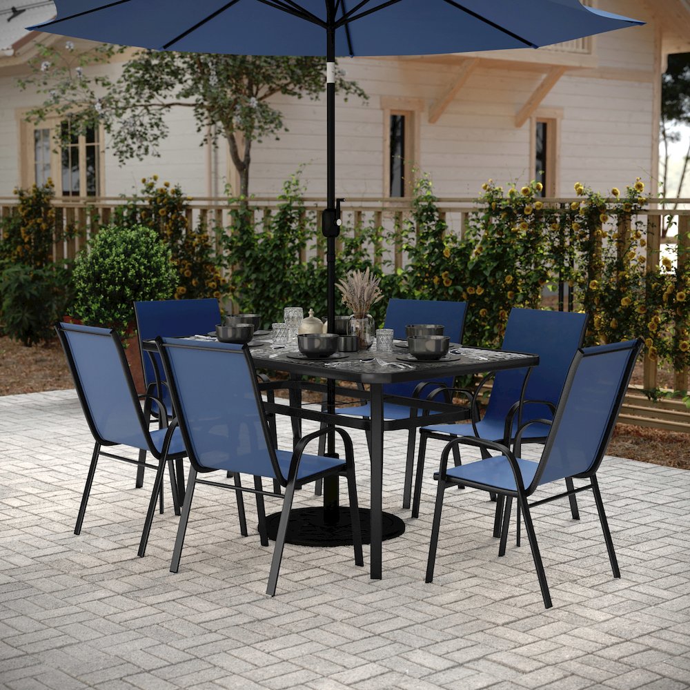 7 Piece Patio Dining Set with Patio Table and 6 Chairs, Navy