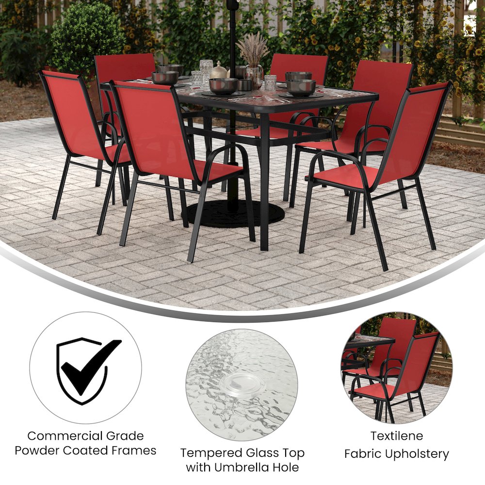 7 Piece Patio Dining Set with Patio Table and 6 Chairs, Red