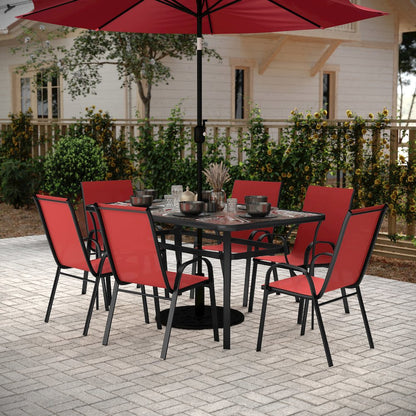 7 Piece Patio Dining Set with Patio Table and 6 Chairs, Red