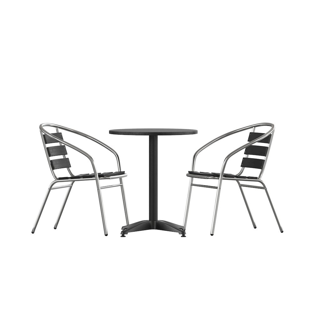 Lila 23.5'' Black Round Aluminum Table Set with 2 Black Slat Back Chairs