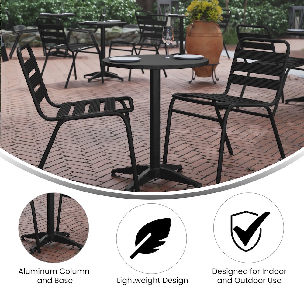 Lila 23.5'' Black Round Aluminum Table Set with 2 Black Slat Back Chairs