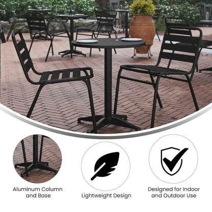 Lila 23.5'' Black Round Aluminum Table Set with 2 Black Slat Back Chairs