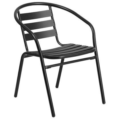 Lila 23.5'' Black Round Aluminum Table Set with 2 Black Slat Back Chairs