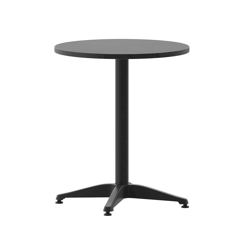 Lila 23.5'' Black Round Aluminum Table Set with 2 Black Slat Back Chairs