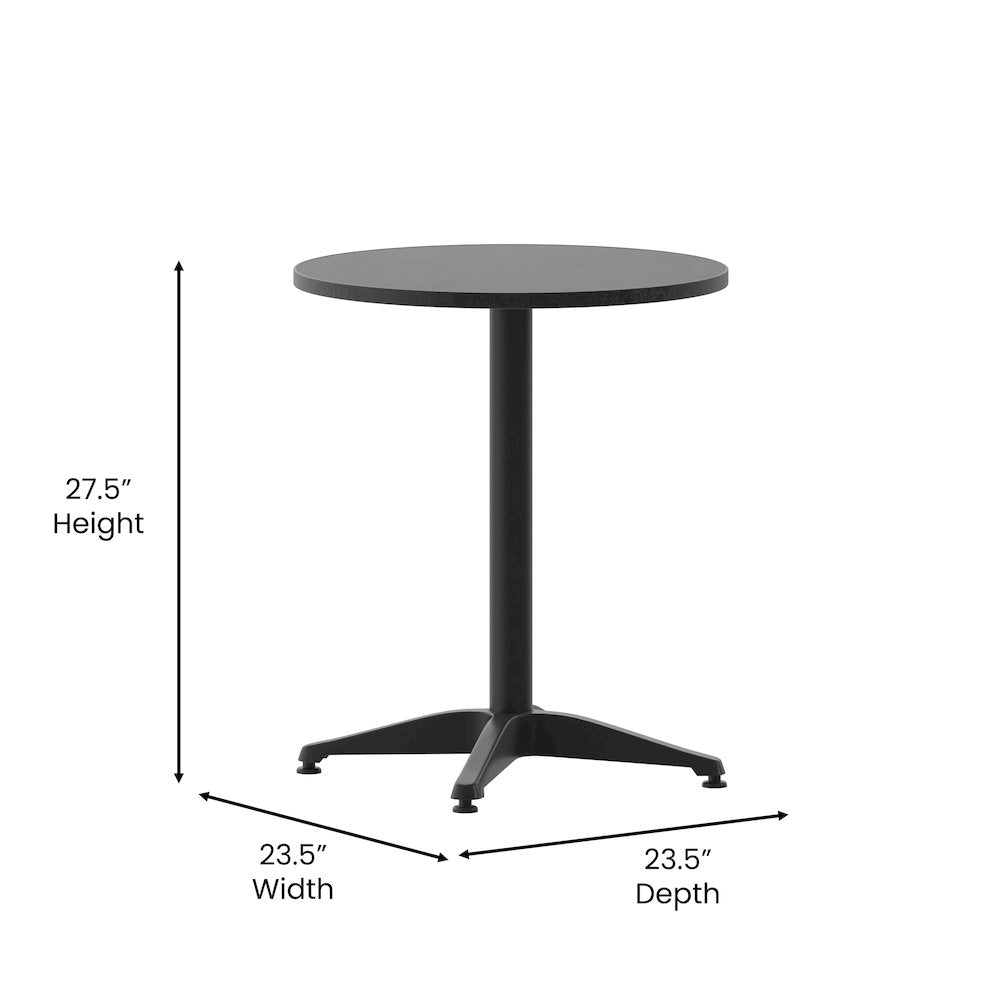 Lila 23.5'' Black Round Aluminum Table Set with 2 Black Slat Back Chairs
