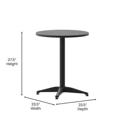 Lila 23.5'' Black Round Aluminum Table Set with 2 Black Slat Back Chairs