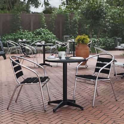 Lila 23.5'' Black Round Aluminum Table Set with 2 Black Slat Back Chairs