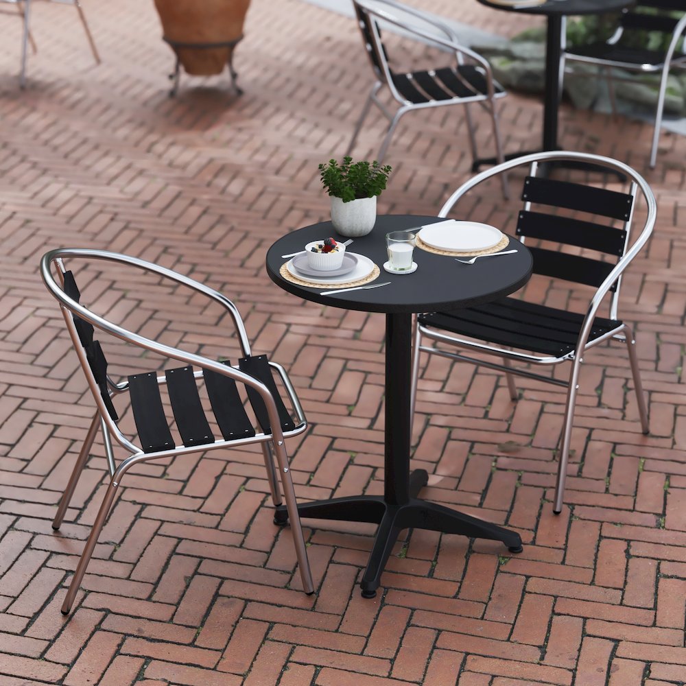 Lila 23.5'' Black Round Aluminum Table Set with 2 Black Slat Back Chairs