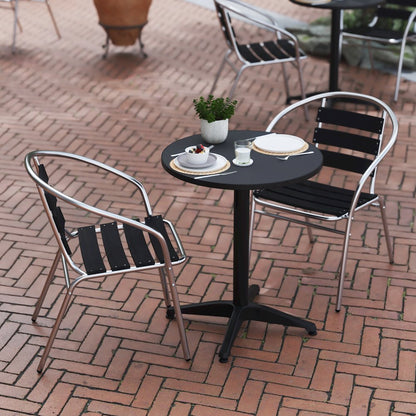 Lila 23.5'' Black Round Aluminum Table Set with 2 Black Slat Back Chairs
