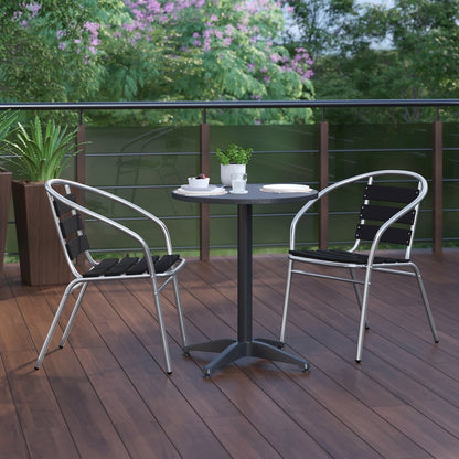 Lila 23.5'' Black Round Aluminum Table Set with 2 Black Slat Back Chairs