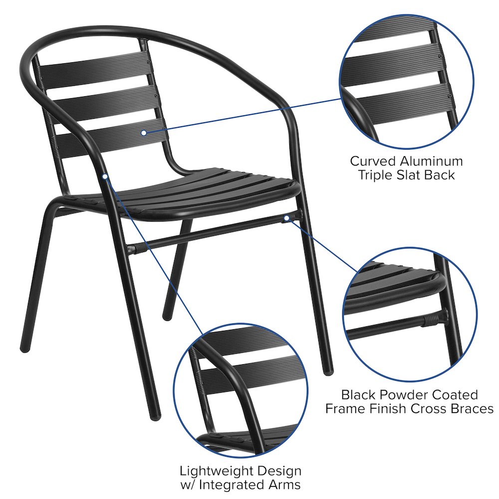 Lila 23.5'' Black Square Aluminum Table Set with 2 Black Slat Back Chairs