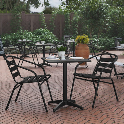 Lila 23.5'' Black Square Aluminum Table Set with 2 Black Slat Back Chairs