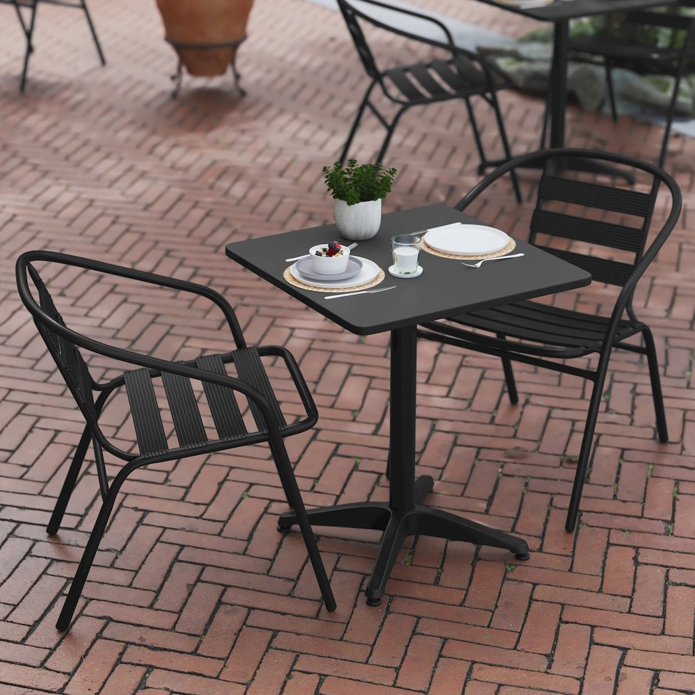 Lila 23.5'' Black Square Aluminum Table Set with 2 Black Slat Back Chairs