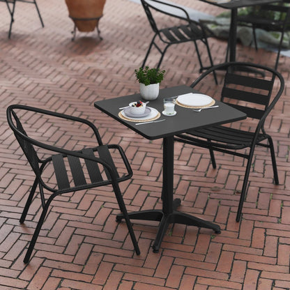 Lila 23.5'' Black Square Aluminum Table Set with 2 Black Slat Back Chairs