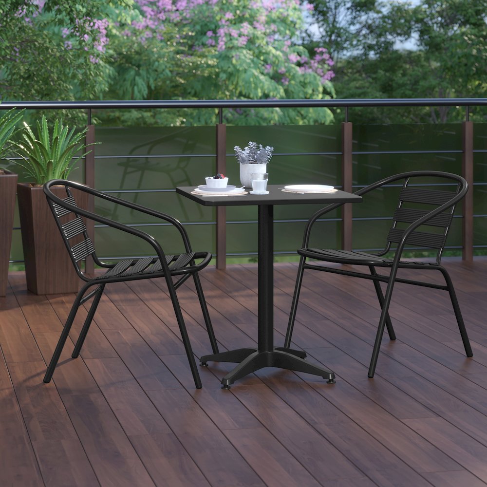 Lila 23.5'' Black Square Aluminum Table Set with 2 Black Slat Back Chairs