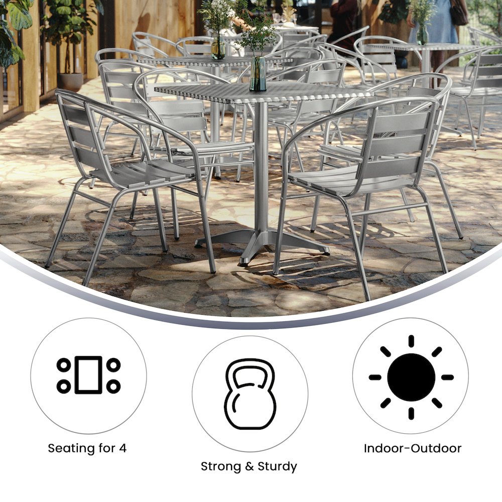 27.5'' Square Aluminum Indoor-Outdoor Table Set with 4 Slat Back Chairs