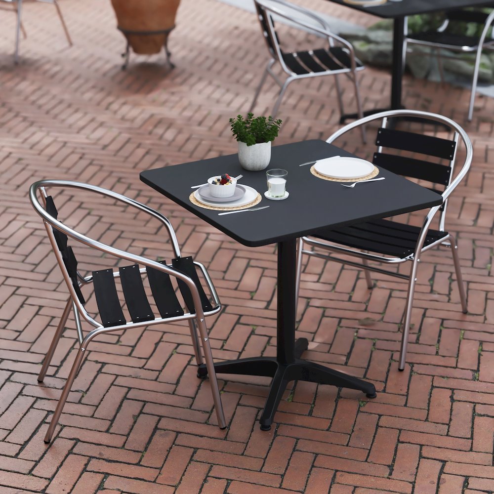 Lila 27.5'' Black Square Aluminum Table Set with 2 Black Slat Back Chairs