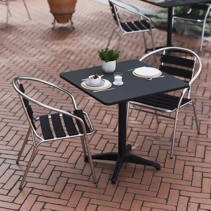 Lila 27.5'' Black Square Aluminum Table Set with 2 Black Slat Back Chairs