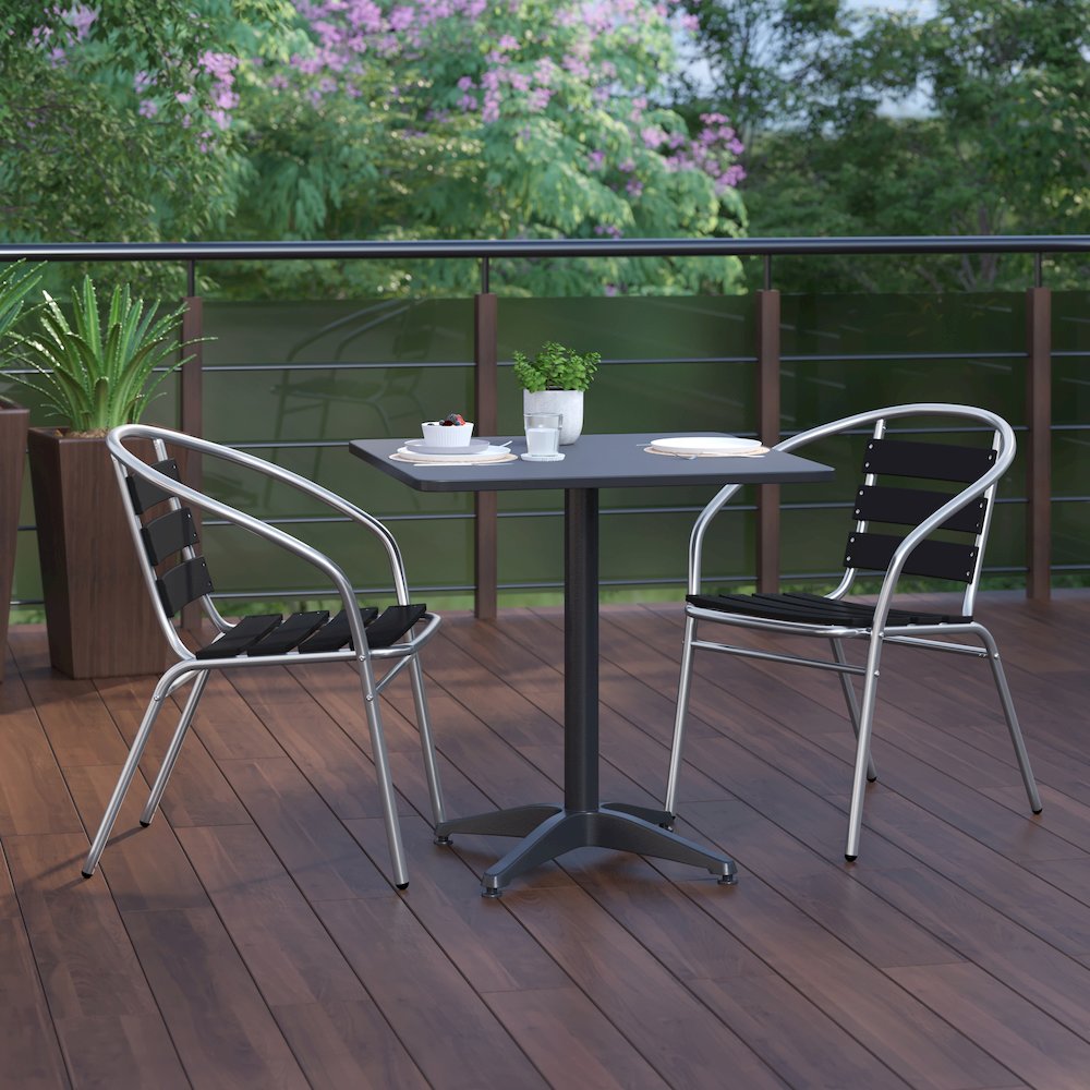 Lila 27.5'' Black Square Aluminum Table Set with 2 Black Slat Back Chairs