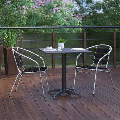 Lila 27.5'' Black Square Aluminum Table Set with 2 Black Slat Back Chairs