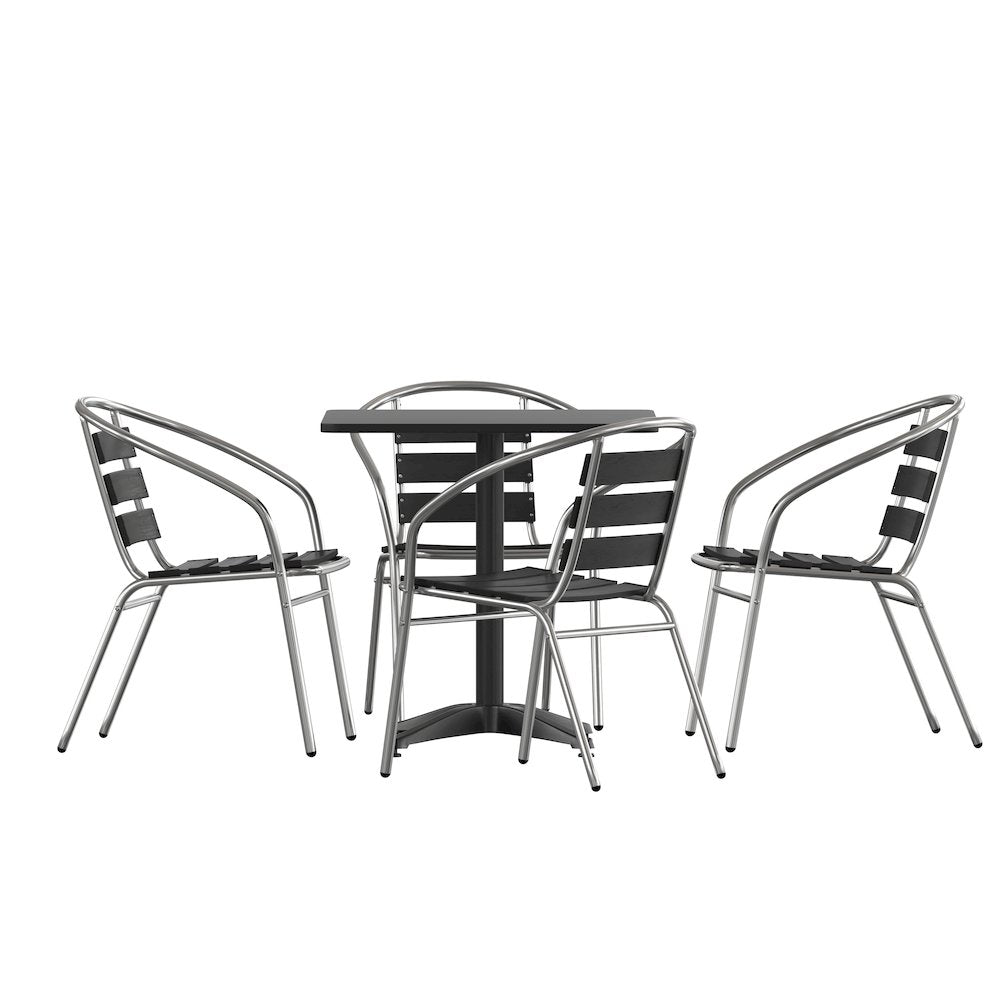Lila 27.5'' Black Square Aluminum Table Set with 4 Black Slat Back Chairs