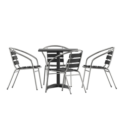 Lila 27.5'' Black Square Aluminum Table Set with 4 Black Slat Back Chairs