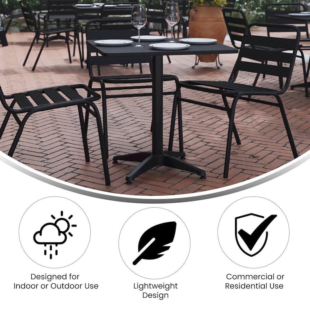 Lila 27.5'' Black Square Aluminum Table Set with 4 Black Slat Back Chairs