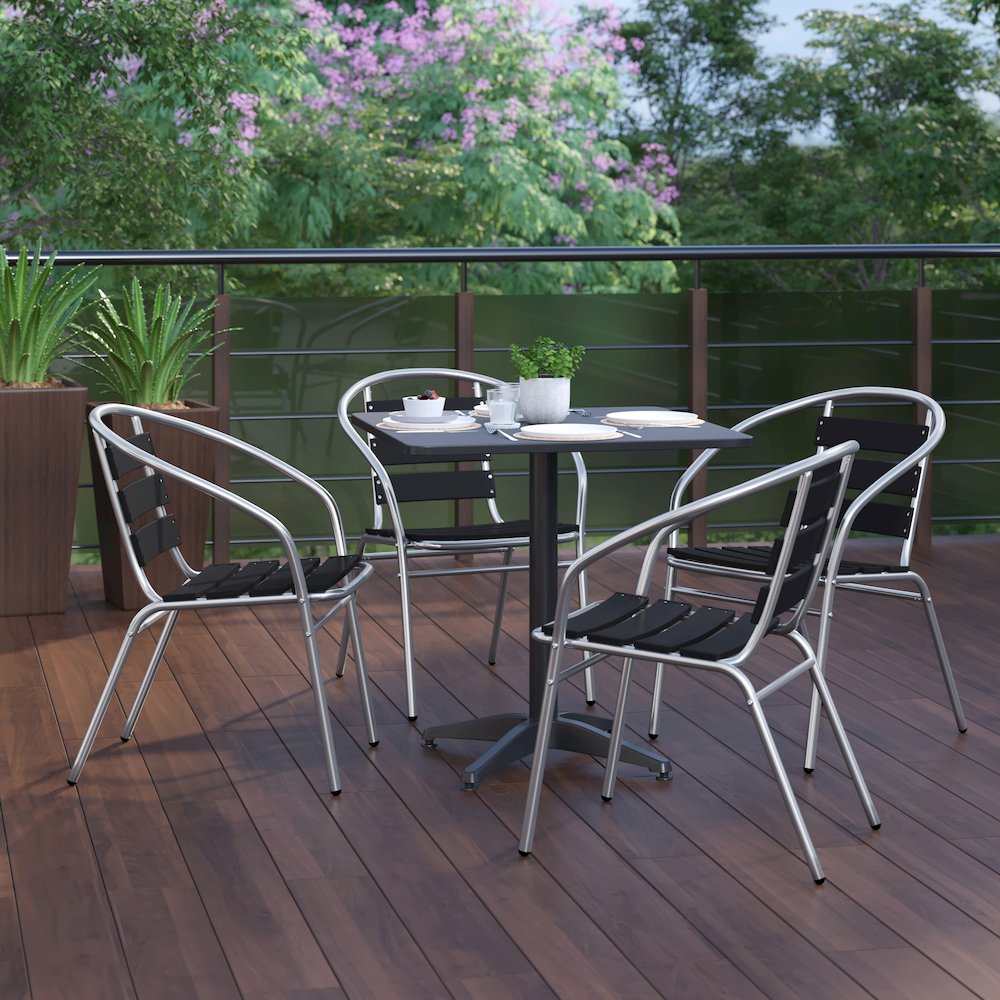 Lila 27.5'' Black Square Aluminum Table Set with 4 Black Slat Back Chairs
