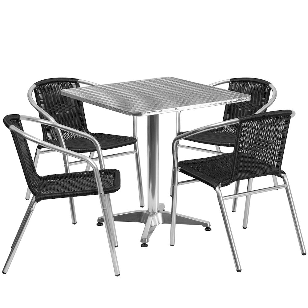 27.5'' Square Aluminum Indoor-Outdoor Table Set with 4 Black Rattan Chairs