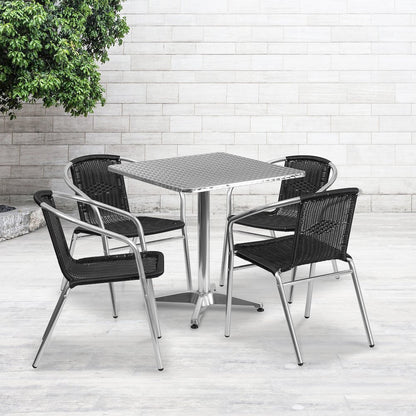 27.5'' Square Aluminum Indoor-Outdoor Table Set with 4 Black Rattan Chairs