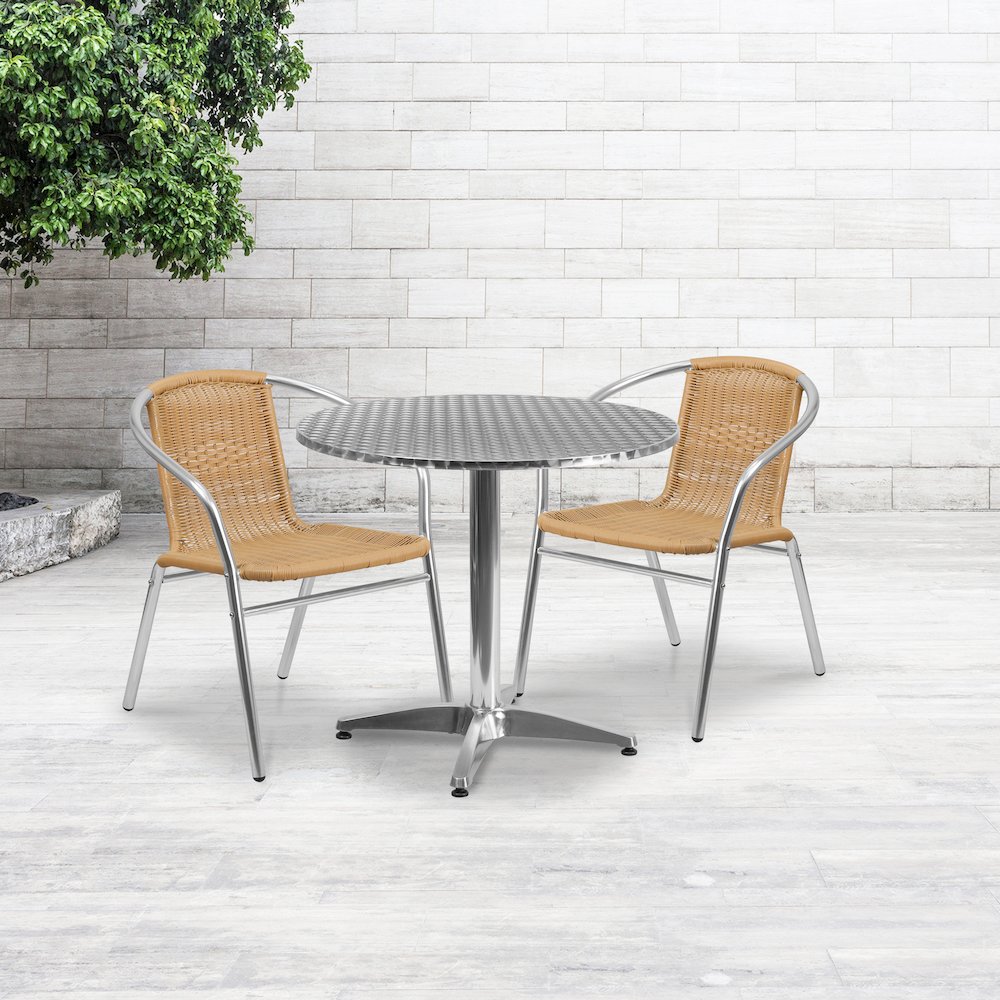 31.5'' Round Aluminum Indoor-Outdoor Table Set with 2 Beige Rattan Chairs