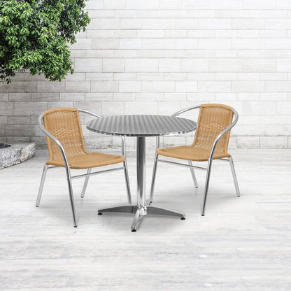 31.5'' Round Aluminum Indoor-Outdoor Table Set with 2 Beige Rattan Chairs