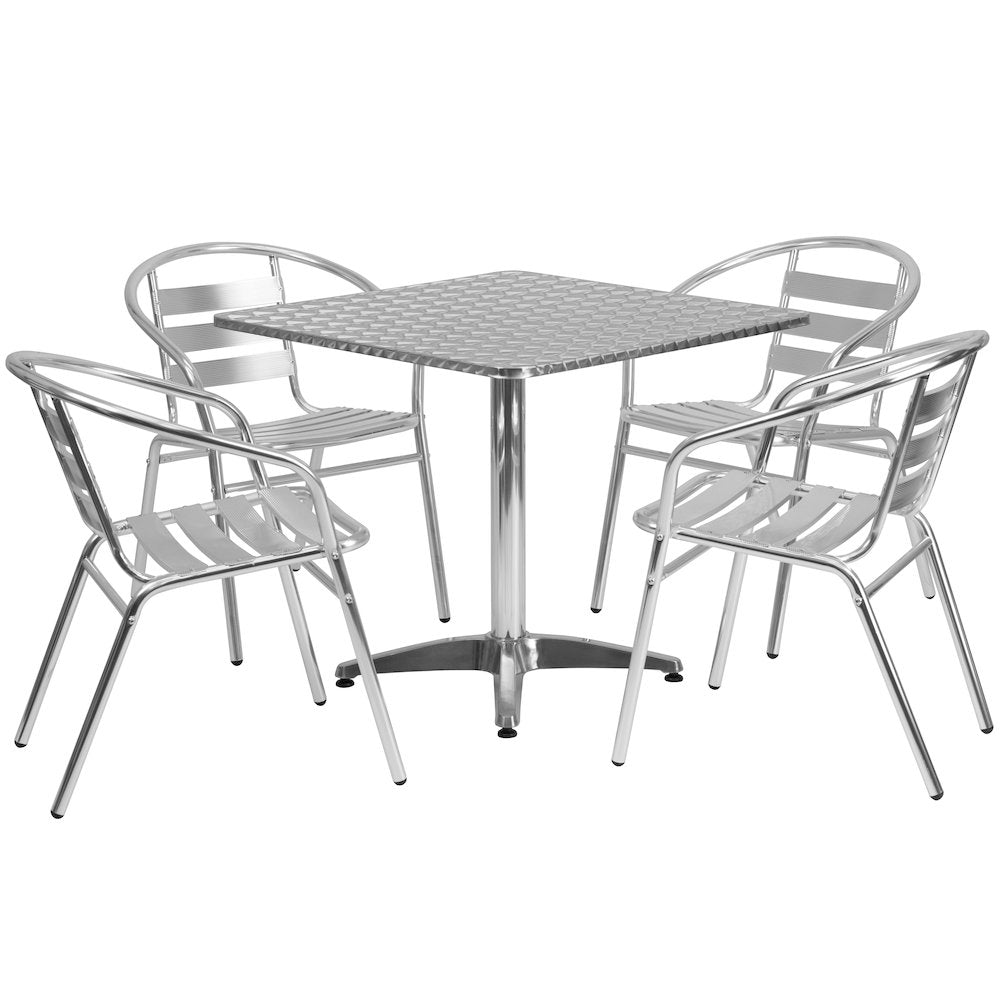 31.5'' Square Aluminum Indoor-Outdoor Table Set with 4 Slat Back Chairs