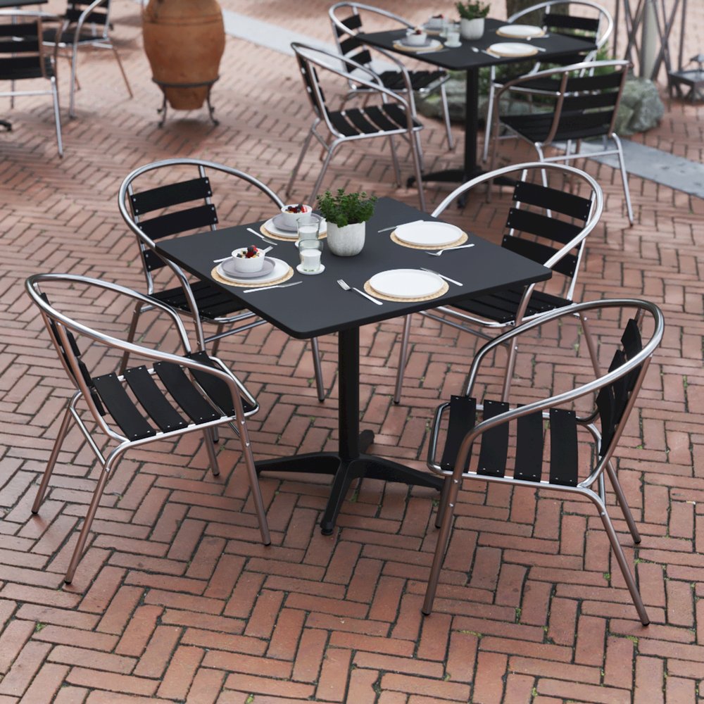 Lila 31.5'' Black Square Aluminum Table Set with 4 Black Slat Back Chairs