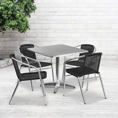 31.5'' Square Aluminum Indoor-Outdoor Table Set with 4 Black Rattan Chairs