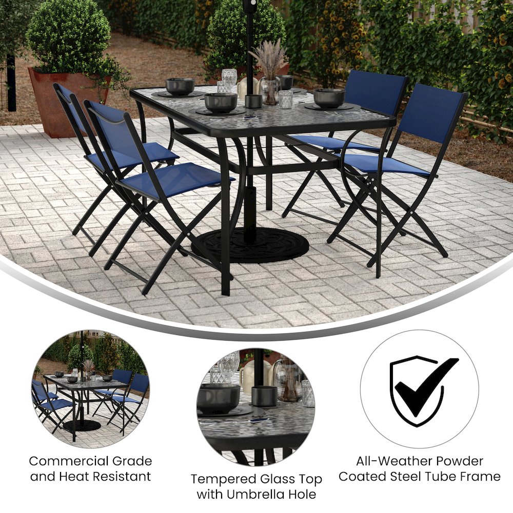 Rectangular Glass Patio Table With Seating for 6, Clear Top/Black Frame