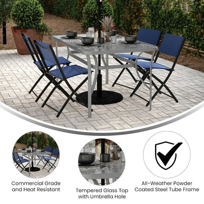Rectangular Glass Patio Table With Seating for 6, Clear Top/Silver Frame