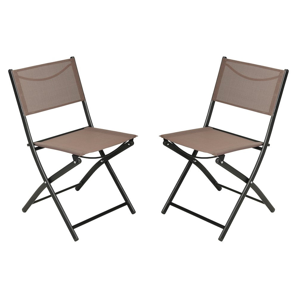 Set of 2 Folding Chairs with Brown Material Backs and Seats, Black Metal Frames