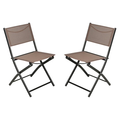 Set of 2 Folding Chairs with Brown Material Backs and Seats, Black Metal Frames