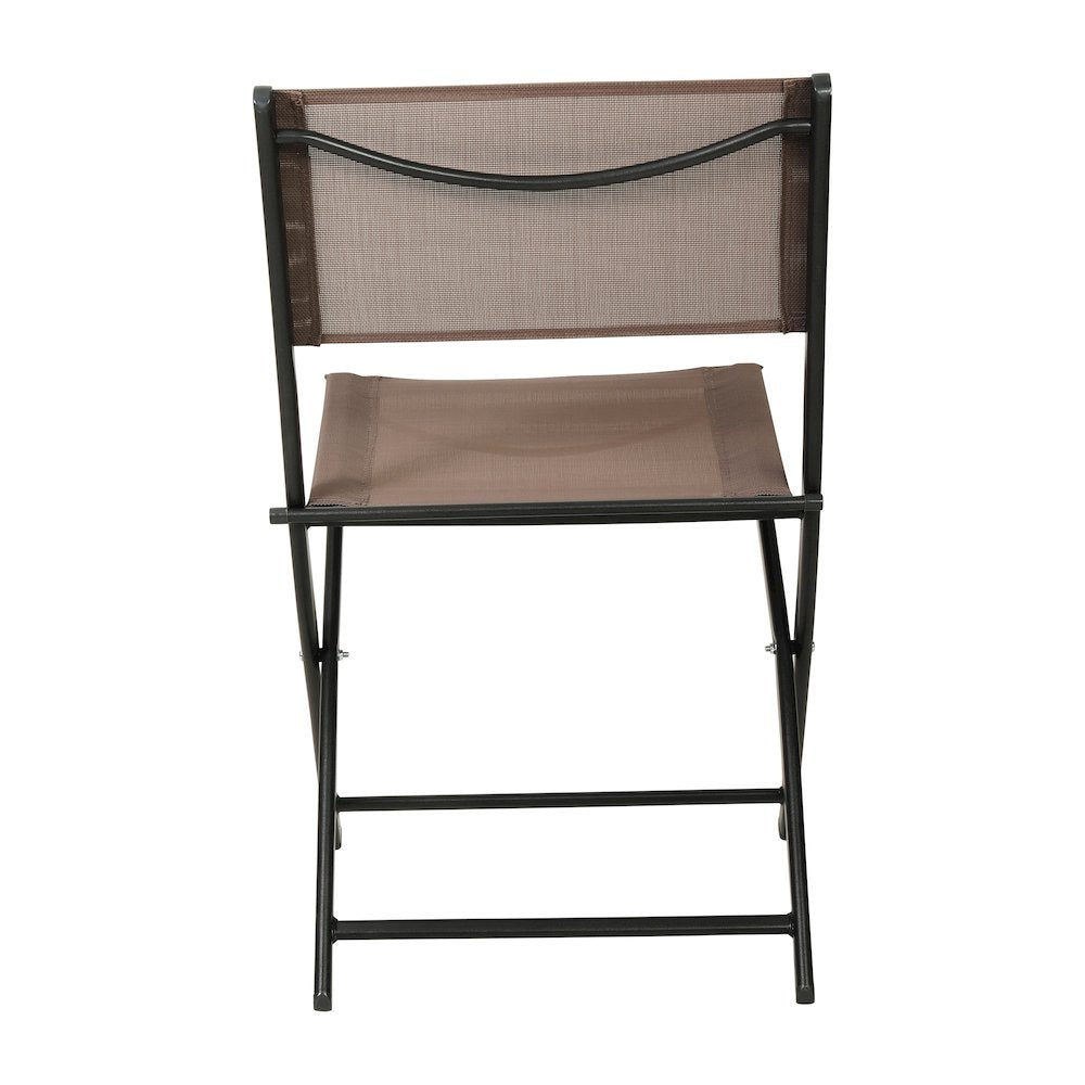 Set of 2 Folding Chairs with Brown Material Backs and Seats, Black Metal Frames