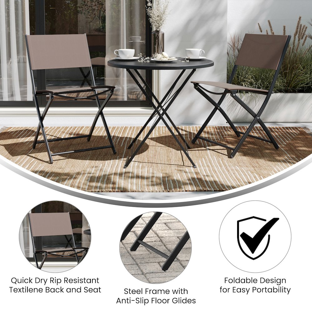 Set of 2 Folding Chairs with Brown Material Backs and Seats, Black Metal Frames