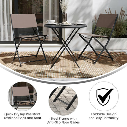 Set of 2 Folding Chairs with Brown Material Backs and Seats, Black Metal Frames