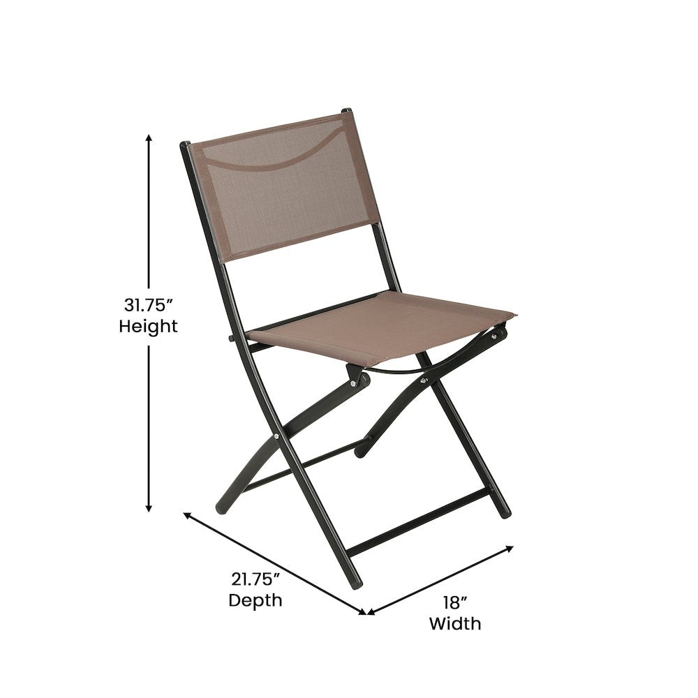 Set of 2 Folding Chairs with Brown Material Backs and Seats, Black Metal Frames
