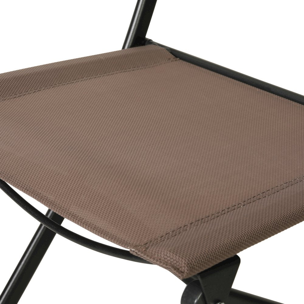 Set of 2 Folding Chairs with Brown Material Backs and Seats, Black Metal Frames